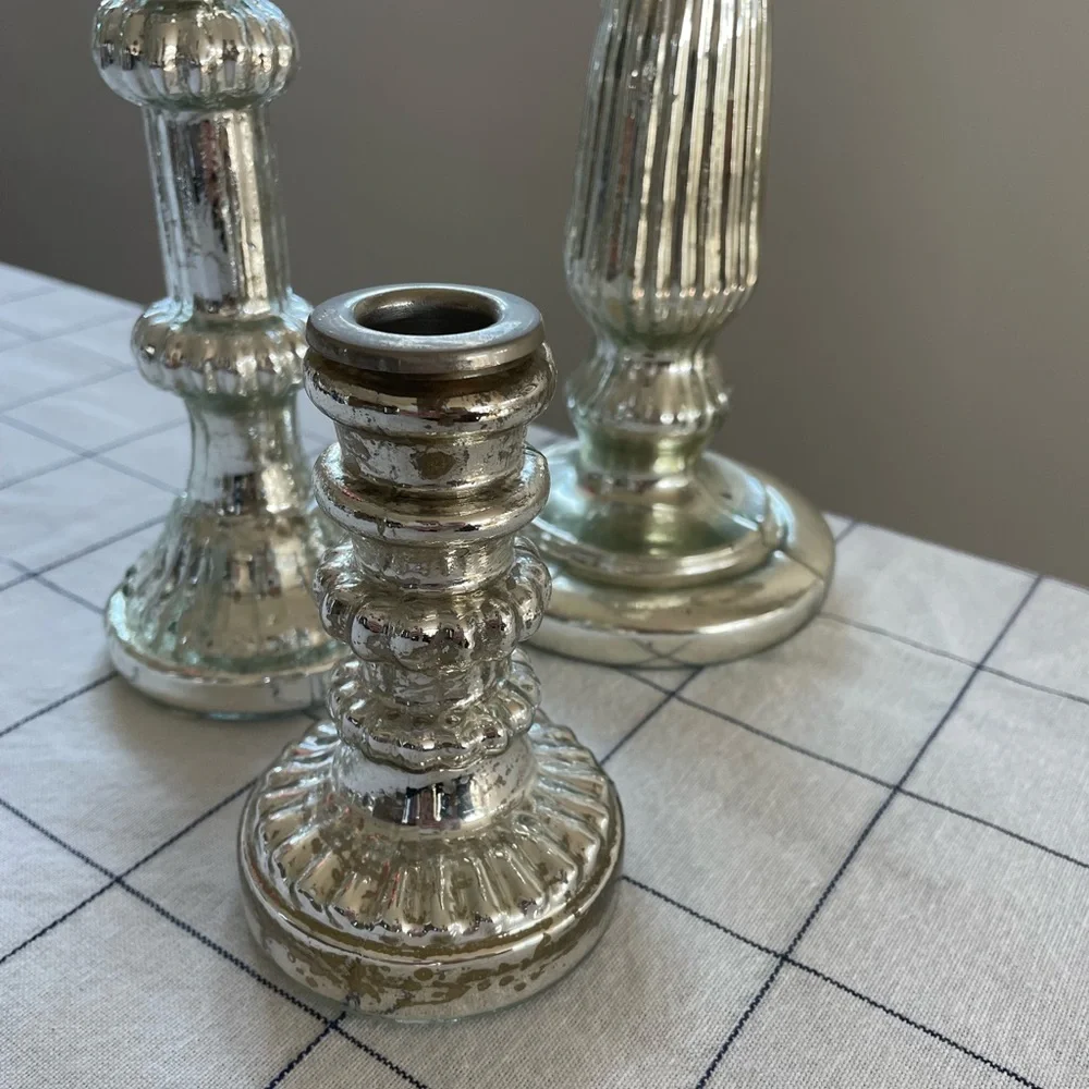 Pottery Barn Antique Silver Mercury Glass Taper Candlestick Holders Set of 3 - Picture 2 of 7